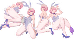1girl absurdres arimura_mao blue_bow blue_bowtie blue_leotard bow bowtie breasts detached_collar gakuen_idolmaster high_heels highres idolmaster leotard long_hair medium_breasts multiple_views pantyhose pink_hair playboy_bunny purple_eyes ren_huozhe solo white_background white_pantyhose wrist_cuffs