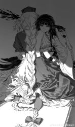 Rule 34 | 2girls, absurdly long hair, absurdres, blood, blunt bangs, bow, braid, chinese commentary, closed mouth, commentary request, dress, facing away, firing, frilled sleeves, frills, greyscale, gun, gun to head, hair bow, handgun, hat, highres, holding, holding gun, holding weapon, houraisan kaguya, hug, long hair, long sleeves, looking at viewer, monochrome, multiple girls, nurse cap, puffy short sleeves, puffy sleeves, short sleeves, single braid, smile, suicide, touhou, very long hair, weapon, wide sleeves, yagokoro eirin, yuanjie jianshegong