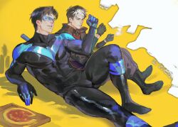 2boys bara batman_(series) black_gloves black_hair black_pants blue_bodysuit bodysuit boots brothers brown_jacket cigarette dc_comics dick_grayson domino_mask food gloves highres jacket jason_todd koumikoumi69 large_pectorals male_focus mask multicolored_hair multiple_boys muscular muscular_male nightwing pants pectorals pizza pizza_box red_hood_(dc) short_hair siblings smile two-tone_bodysuit two-tone_hair white_hair