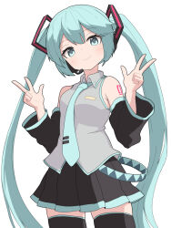 1girl aqua_eyes aqua_hair aqua_necktie black_skirt black_sleeves black_thighhighs closed_mouth cowboy_shot detached_sleeves double_w grey_shirt hatsune_miku headset hiyoshipow long_hair looking_at_viewer miniskirt necktie number_tattoo shirt simple_background skirt sleeveless sleeveless_shirt smile solo tattoo thighhighs twintails very_long_hair vocaloid w white_background zettai_ryouiki