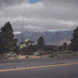bush camouflage cloud cloudy_sky highres mountainous_horizon no_humans non-humanoid_robot official_art radio_antenna road robot simon_stalenhag sky the_electric_state tree