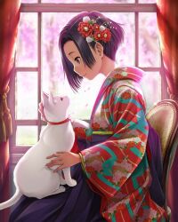 Rule 34 | 1girl, animal, animal collar, animal on lap, black hair, blurry, blurry background, bob cut, bokeh, brown eyes, cat, cat on lap, chair, cherry blossoms, closed mouth, collar, cowboy shot, curtains, depth of field, falling petals, floral print, floral print kimono, flower, forehead, from side, hair flower, hair ornament, hakama, hands up, highres, indoors, japanese clothes, kanzashi, kimono, kobayakawa rinko, long sleeves, looking at animal, looking down, love plus, official art, on chair, on lap, petals, petting, pink flower, pink petals, print kimono, profile, purple hakama, red collar, red flower, red kimono, short hair, sitting, smile, solo, spring (season), white cat, window