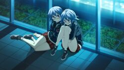 1girl 2girls ankle_socks arm_support black_shoes black_track_suit blue_hair blue_theme chaos;child chaos;child_love_chu_chu!! clone floor frown full_body game_cg glasses hair_between_eyes hand_on_another&#039;s_head hand_on_ground headphones headphones_around_neck highres hugging_own_legs indoors jacket kazuki_hana light_rays long_sleeves looking_at_another moonlight multiple_girls night non-web_source official_art plaid_clothes plaid_shorts plant pointy_hair purple_eyes red-framed_eyewear red_shorts sasaki_mutsumi shadow shoes short_hair shorts sidelocks sitting smile sneakers socks solo thick_thighs thighs tiles track_jacket track_suit white_socks white_stripes window