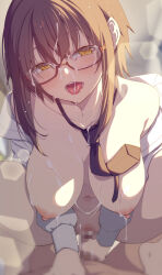 1girl akino_sora assertive_female blurry bokeh breasts brown_hair censored clothed_sex cowgirl_position cum cum_on_body cum_on_breasts cum_on_eyewear cum_on_hair cum_on_upper_body cum_string cumdrip depth_of_field facial girl_on_top guided_penetration hanging_breasts highres large_breasts loose_necktie mosaic_censoring necktie nipples open_clothes open_mouth original pov sex solo_focus squatting_cowgirl_position straddling yellow_eyes