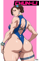 1girl ass back_cutout blue_one-piece_swimsuit bracelet braid braided_hair_rings breasts brown_eyes brown_hair capcom character_name chun-li clothing_cutout double_bun earrings eyeshadow from_behind hair_bun hair_rings hand_on_own_hip highleg highleg_one-piece_swimsuit highres huge_ass jewelry looking_at_viewer looking_back makeup official_alternate_costume official_alternate_hairstyle one-piece_swimsuit sideboob solo street_fighter street_fighter_6 swimsuit thick_thighs thighlet thighs toned toned_female yatagarasupen