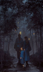 1girl 2boys brown_eyes brown_hair bush chinese_clothes closed_mouth father_and_son forest full_body highres ibuki_satsuki lamp long_hair long_sleeves looking_at_viewer looking_back mother_and_son multiple_boys nature night original outdoors parent_and_child parted_bangs ponytail sandals shadow toes tree walking wide_sleeves