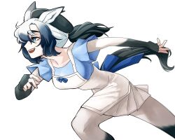 1girl animal_ears apron back_bow blue_bow blue_bowtie blue_eyes blue_shirt bow bowtie elbow_gloves fingerless_gloves gloves grey_gloves grey_hair grey_pantyhose hair_between_eyes highres horse_ears horse_girl horse_tail kemono_friends multicolored_gloves multicolored_hair open_mouth pantyhose pleated_skirt ponytail running shirt short_sleeves sidelocks skirt smile solo t-shirt tail tarpan_(kemono_friends) tomatokomainu two-tone_pantyhose white_apron white_gloves white_hair white_pantyhose white_skirt