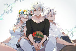 1girl 2boys anastasia_(fate) anastasia_(swimsuit_archer)_(second_ascension)_(fate) bare_shoulders black_shirt blue_flower book braid breasts cleavage closed_eyes collared_shirt commentary_request dress dress_swimsuit earrings fate/grand_order fate_(series) flower flower_wreath grey_hair hair_over_one_eye head_on_another&#039;s_shoulder head_wreath highres hugging_doll hugging_object james_moriarty_(ruler)_(fate) jewelry kadoc_zemlupus lightning_ahoge long_hair multiple_boys one_eye_closed shirt sleeping tia_(cocorosso) twin_braids viy_(fate) white_dress white_flower white_shirt yellow_eyes