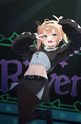 1girl absurdres ahoge arms_up belt black_hoodie black_pantyhose black_skirt blonde_hair blue_eyes boots crop_top cropped_hoodie double_v earpiece hair_ribbon hairband highres hololive hood hoodie kazama_iroha leg_up long_hair long_sleeves looking_at_viewer lunyaria midriff miniskirt navel open_mouth pantyhose puffy_long_sleeves puffy_sleeves ribbon shirt skirt sleeves_past_wrists smile solo stomach twintails undershirt v virtual_youtuber white_shirt