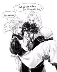 19nighty7 2boys alternate_costume apron armor black_gloves carrying cloud_strife crossdressing dress duster english_text enmaided feather_duster final_fantasy final_fantasy_vii frilled_apron frills gloves greyscale highres long_hair maid male_focus male_maid monochrome multiple_boys open_mouth pauldrons princess_carry sephiroth short_hair shoulder_armor speech_bubble spiked_hair white_background white_gloves yaoi