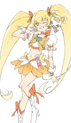 1girl blonde_hair boots bow bow_choker bowtie brooch choker cure_sunshine ginjiro_(ginjiroxx) grin hair_ribbon heart heart_brooch heartcatch_precure! high_heel_boots high_heels highres jewelry knee_boots long_hair magical_girl miniskirt myoudouin_itsuki navel one_eye_closed orange_bow orange_bowtie outside_border potpourri_(heartcatch_precure!) precure puffy_short_sleeves puffy_sleeves ribbon short_sleeves simple_background skirt smile solo stomach twintails very_long_hair white_background white_boots wrist_cuffs yellow_eyes