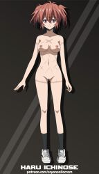 1girl absurdres akuma_no_riddle breasts female_focus full_body gradient_background grey_background highres ichinose_haru navel nude oryononilocram pussy red_hair scar shoes smile socks solo standing uncensored