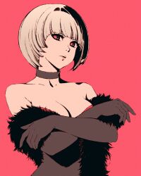 1girl ace_attorney ace_attorney_investigations ace_attorney_investigations:_miles_edgeworth bare_shoulders black_choker black_dress black_gloves blunt_bangs bob_cut breasts choker cleavage collarbone commentary crossed_arms dress elbow_gloves feather_boa gloves looking_at_viewer medium_breasts moshimoshibe red_background red_eyes shih-na solo upper_body