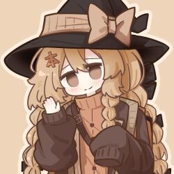 1girl backpack bag benzi_mofashi black_bow black_hat black_ribbon blonde_hair bow braid brown_background brown_bow brown_eyes buttons chinese_commentary closed_mouth clothing_request commentary_request hair_between_eyes hair_bow hair_ribbon hands_up hat hat_bow head_tilt kanji_hair_ornament kirisame_marisa light_blush long_sleeves looking_at_viewer no_pupils nuansede_kekeya orange_sweater outline parted_lips puffy_long_sleeves puffy_sleeves ribbon simple_background single_sleeve_past_fingers single_sleeve_past_wrist smile solo sweater touhou turtleneck turtleneck_sweater upper_body waving witch_hat