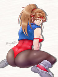 breakers breakers_revenge breasts brown_hair gloves headband highres large_breasts leotard long_hair pantyhose roy10113a shoes sleeveless sleeveless_jacket sneakers thick_thighs thighs tia_langray