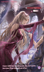 2girls against_wall alcohol artist_request bare_shoulders black_hair blonde_hair breasts brown_eyes champagne chandelier character_name cleavage closed_mouth clothing_cutout copyright_name cowboy_shot crimson_night_song_(shining_nikki) cup dress drinking_glass english_text face-to-face flower hair_ornament hair_ribbon high_ponytail highres indoors kabedon large_breasts light_particles lilith_(shining_nikki) lipstick logo long_dress long_hair long_sleeves looking_at_another makeup moon multiple_girls nail_polish night night_sky nikki_(series) official_art parted_lips pointy_nose ponytail red_dress red_flower red_lips red_nails red_ribbon red_rose red_shawl ribbon rose second-party_source shawl shining_nikki shoulder_cutout sky sleeves_past_wrists smile snake_hair_ornament solo_focus star_(sky) starry_sky timeless_ode_(shining_nikki) very_long_hair wavy_hair wine_glass zoey_(shining_nikki)