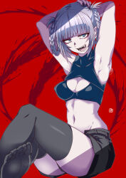 Rule 34 | 1girl, aoi manabu, aqua eyes, armpits, arms behind head, bare arms, black nails, black shorts, black thighhighs, braid, braided hair rings, breasts, cleavage, cleavage cutout, clothing cutout, comiket 101, commentary request, crop top, hair rings, looking at viewer, medium breasts, midriff, nanakusa nazuna (yofukashi no uta), navel, no shoes, open mouth, pink hair, red background, short shorts, shorts, sleeveless, smile, solo, stomach, teeth, thighhighs, vampire, yofukashi no uta