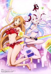 Rule 34 | 10s, 2girls, :d, absurdres, anklet, arm garter, arm up, asuna (sao), bare legs, bare shoulders, barefoot, bikini, bikini skirt, braid, braided bangs, breasts, brown eyes, brown hair, feet, female focus, frilled bikini, frills, full body, half updo, highres, jewelry, jumping, purple bikini, lavender swimsuit, legs, long hair, looking at viewer, medium breasts, megami magazine, microphone, midriff, multiple girls, navel, nishikawa takashi, official art, open mouth, purple bikini, red bikini, red eyes, ribbon, round teeth, smile, swimsuit, sword art online, sword art online the movie: ordinal scale, teeth, toes, twin braids, underboob, very long hair, waving, white hair, yuna (sao)