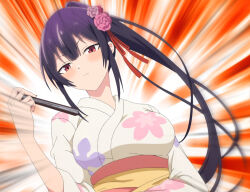 Rule 34 | 1girl, absurdres, anime screenshot, blush, breasts, closed mouth, emphasis lines, female focus, floral print, floral print kimono, flower, hair flower, hair ornament, hair ribbon, haite kudasai takamine-san, hand fan, high ponytail, highres, holding, holding fan, japanese clothes, kimono, large breasts, long hair, looking at viewer, ponytail, portrait, print kimono, purple hair, red eyes, red ribbon, ribbon, sidelocks, solo, stitched, takamine takane, third-party edit, very long hair, white kimono, yukata