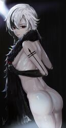 1girl absurdres arlecchino_(genshin_impact) arnkun black_eyes black_hair black_hands breasts colored_extremities completely_nude covering_privates dark_background from_side genshin_impact grey_hair hair_between_eyes highres large_breasts long_hair looking_at_viewer multicolored_hair nude nude_cover red_pupils simple_background solo streaked_hair symbol-shaped_pupils x-shaped_pupils