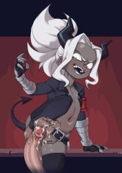 1boy 1girl 2025 arm_warmers bad_tag belt cum cum_on_body cum_on_feet demon_girl demon_horns demon_tail erection evil_smile feet female_focus flat_chest footjob gloves helltaker highres horns jacket judgement_(helltaker) legs loli long_hair maelcott navel open_clothes open_jacket penis ponytail pussy smile tagme tail thighhighs thighs toes white_eyes white_hair