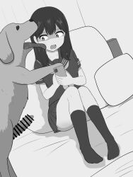 1boy 1girl animal_ears animal_penis bar_censor bed bedroom bestiality cellphone censored dog dog_ears dog_penis erection highres holding holding_phone huge_penis interspecies licking long_hair looking_at_viewer monochrome on_bed open_mouth penis phone saliva scared school_uniform surprised tongue tongue_out veins veiny_penis