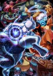 absurdres akiwashi animal_focus aura blastoise blue_eyes charizard claws closed_mouth commentary_request embers energy energy_ball gen_1_pokemon glowing highres legendary_pokemon mew_(pokemon) mewtwo mythical_pokemon nintendo open_mouth pikachu plant pokemon pokemon:_the_first_movie_-_mewtwo_strikes_back pokemon_(anime) pokemon_(classic_anime) pokemon_(creature) pokemon_battle shadow_ball shadow_ball_(pokemon) starter_pokemon_trio toes tongue venusaur vines