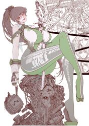 1girl ass blood_edge_(stellar_blade) bodysuit breasts brown_hair chinese_text closed_mouth eve_(stellar_blade) eyelashes glasses gloves green_bodysuit hair_ornament heel-less_heels highres hoof_shoes huge_ass impossible_clothes jun_wu_mo large_breasts lily_artemis_ii_(stellar_blade) looking_at_viewer narrow_waist planet_diving_suit_(7th)_(stellar_blade) raven_(stellar_blade) red-framed_eyewear sidelocks simplified_chinese_text skin_tight sleeveless sleeveless_bodysuit stellar_blade tachy_(stellar_blade) thick_thighs thighs white_gloves wide_hips yellow_eyes