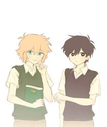 4boys alpha_transparency antenna_hair basil_(faraway)_(omori) basil_(omori) black_eyes black_hair black_sweater_vest blonde_hair blue_eyes book bright_pupils brown_shorts closed_mouth collared_shirt colored_skin dual_persona expressionless green_sweater_vest holding holding_book iomor_snuuy looking_at_viewer multiple_boys nervous_smile omori omori_(omori) shirt short_hair short_sleeves shorts smile stranger_(omori) sunny_(omori) sweatdrop sweater_vest thumbnail_surprise white_eyes white_pupils white_shirt white_skin