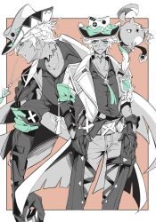 1_sik_i 1boy aqua_eyes asymmetrical_gloves belt border cacucu chaps coat collarbone collared_coat collared_shirt commentary_request cowboy_hat cowboy_shot dark-skinned_male dark_skin eyepatch feathers genshin_impact gloves greyscale_with_colored_background grin hair_between_eyes hat highres id_card ifa_(genshin_impact) lapels looking_ahead looking_at_viewer male_focus medical_eyepatch multiple_views one_eye_covered open_clothes open_coat orange_background outside_border pants parted_lips scar scar_across_eye scar_on_face shirt short_hair short_sleeves smile spot_color tassel uneven_gloves white_border