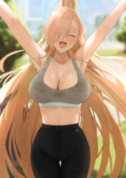1girl :d ^_^ absurdres alternate_costume alternate_hairstyle armpits arms_up asuna_(blue_archive) asymmetrical_bangs black_pants blonde_hair blue_archive blue_halo blurry blurry_background breasts cleavage closed_eyes clothes_writing cowboy_shot day eyes_visible_through_hair flying_sweatdrops grey_sports_bra hair_over_one_eye halo high-waist_pants highres large_breasts long_bangs long_hair matsukan_(dug_pile) midriff mole mole_on_breast one_eye_covered open_mouth outdoors pants ponytail smile solo sports_bra sweat sweatdrop sweaty_clothes thigh_gap underwear very_long_hair yoga_pants