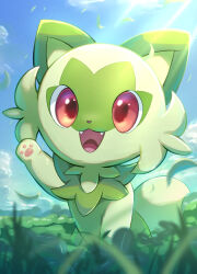 Rule 34 | cat, cloud, commentary request, fangs, grass, green fur, highres, nintendo, no humans, open mouth, outdoors, paid reward available, pawpads, pokemon, pokemon (creature), pokemon focus, raised paw, red eyes, rumine (yoshi1234567), sky, sprigatito, sunlight, tagme