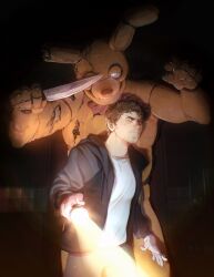 2boys animal_ears animatronic artist_name bandaid bandaid_on_finger beard_stubble black_hoodie bow bowtie brown_hair closed_mouth commentary dark_background drawstring english_commentary facial_hair five_nights_at_freddy&#039;s five_nights_at_freddy&#039;s_(2023_movie) flashlight flashlight_beam grey_pants grin hands_up highres holding holding_flashlight holding_knife hood hood_down hoodie indoors knife light_particles long_sleeves looking_at_viewer male_focus mike_schmidt multiple_boys open_clothes open_hoodie pants purple_bow purple_bowtie rabbit_ears rorokonaa shirt short_hair smile spring_bonnie_(fnaf) standing stubble teeth white_shirt wide-eyed