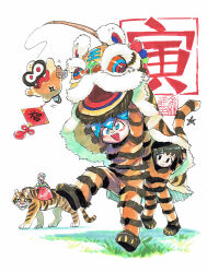 1girl 3girls absurdres alien animal_costume animal_print aqua_eyes aqua_hair black_eyes black_fur black_hair black_shoes blush bodysuit braid brown_sandals cat celebration chinese_new_year chinese_zodiac collared_bodysuit corocoro_comic creature doufang eyepatch fai_chun falling flower_knot fur-trimmed_bodysuit goreum grass green_jeogori gumchi gungho highres horizontal-striped_sleeves jeogori_(clothes) kappei_(ninjala) kushabiria legs_apart lion_dance long_skirt long_sleeves looking_at_another lucy_(ninjala) medical_eyepatch medium_hair medium_request motion_lines multicolored_fur multicolored_hair multicolored_sleeves multicolored_stripes multiple_girls ninjala no_pupils nose_tape orange_bodysuit orange_fur orange_sleeves paw_shoes pink_hair pom_pom_(clothes) red_eyes red_skirt saekdongot sandals shoes shuriken simple_background single_braid sitting_on_animal skirt socks stamp_mark star_(symbol) string striped_fur striped_tail sweatdrop tabi tail tassel teeth tiger tiger_costume tiger_print tomoya_(ninjala) tongue translation_request two-tone_hair two-tone_tail upper_teeth_only weapon whiskers white_background white_fur white_socks year_of_the_tiger yellow_eyes zouri