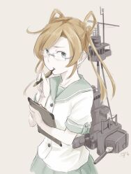 Rule 34 | 1girl, abukuma (kancolle), bespectacled, blue eyes, blue sailor collar, blue skirt, clipboard, commentary, glasses, grey background, holding, holding clipboard, holding pen, kantai collection, kawashina (momen silicon), long hair, looking at viewer, orange hair, parted lips, pen, rigging, sailor collar, school uniform, serafuku, short sleeves, simple background, skirt, solo