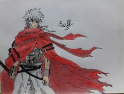 absurdres alterrecs armband armor belt blade cape coat graphite_(medium) highres holding holding_sword holding_weapon katana licht_bach long_hair looking_to_the_side pants plunderer self-upload sheath sheathed shirt sweatband sword traditional_media weapon white_hair wristband