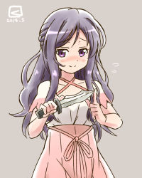 1girl blush female_focus gochuumon_wa_usagi_desu_ka? knife kueru long_hair looking_at_viewer purple_eyes purple_hair smile solo tedeza_rize