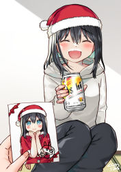 1girl 1other :d ^_^ asahi_breweries beer_can black_hair black_pants blue_eyes blue_hair blush can closed_eyes commentary_request drink_can facing_viewer foam_mustache fur-trimmed_headwear fur-trimmed_sleeves fur_trim grey_hoodie hair_between_eyes hands_up hat highres holding holding_can holding_photo hood hood_down hoodie kurata_rine multicolored_hair open_mouth original pants photo_(object) santa_costume santa_hat signature smile solo_focus tatami two-tone_hair