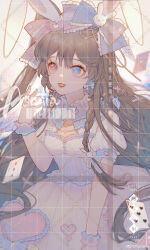 1girl angel_wings animal_ears artist_name asuuta barcode blue_bow blue_bowtie blue_collar blue_eyes blue_wrist_cuffs bow bow_earrings bowtie braid brown_eyes brown_hair buttons card chinese_commentary collar commentary_request commission cowboy_shot detached_collar dress earrings eyelashes fang feathered_wings floating_card frilled_bow frilled_collar frills gold_earrings hair_between_eyes hair_bow hair_ornament hand_up happy heart heart_button heart_earrings heart_hair_ornament heterochromia highres hoop_earrings jewelry light_blush lipstick long_dress long_hair looking_ahead makeup mismatched_earrings multiple_hair_bows open_mouth original playing_card puffy_short_sleeves puffy_sleeves purple_bow rabbit_ears rabbit_hair_ornament red_lips sample_watermark short_sleeves single_braid single_stripe smile solo striped_bow too_many_watermarks very_long_hair watermark watermark_grid weibo_watermark white_background white_dress white_wings wings wrist_cuffs