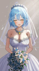 1girl absurdres ahoge alternate_costume blue_hair blush bouquet breasts chest_jewel cleavage collarbone commentary_request cowboy_shot dress elf flower grey_background heart heart_ahoge highres holding holding_bouquet hololive large_breasts pointy_ears short_hair simple_background solo strapless strapless_dress veil virtual_youtuber wedding_dress white_dress winvita yukihana_lamy
