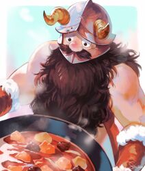 1boy beard cooking dungeon_meshi dwarf facial_hair fake_horns helmet horned_helmet horns long_beard male_focus muraicchi_(momocchi) muscular muscular_male mustache senshi_(dungeon_meshi) solo steaming_food stew thick_mustache very_long_beard wok