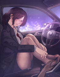 1boy 1girl absurdres black_pantyhose blush brown_hair car car_interior formal_clothes handle highres indoors long_hair long_legs looking_at_viewer mature_female motor_vehicle night original pantyhose purple_eyes sitting smile solo_focus steering_wheel suit toes yewang19