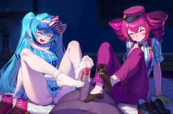 1boy 2girls :d ^_^ aqua_hair arm_support black_jelly black_socks censored closed_eyes cooperative_footjob cum cum_on_body cum_on_feet dark-skinned_male dark_skin dorsiflexion drill_hair feet footjob footjob_with_legwear gloves hat hatsune_miku highres interracial kasane_teto knees_up legs long_hair mesmerizer_(vocaloid) mosaic_censoring multiple_girls no_shoes open_mouth penis red_hair red_hat red_trim shoes smile socks soles teamwork_(sexual) teeth toes tongue twin_drills twintails two-footed_footjob unworn_shoes upper_teeth_only utau very_dark_skin very_long_hair vocaloid white_socks yellow_gloves