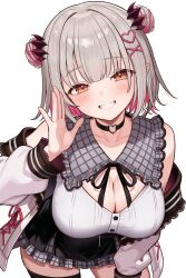 1girl absurdres black_skirt blush breasts choker cleavage cleavage_cutout clothing_cutout collar colored_inner_hair cowboy_shot daysss detached_sleeves double_bun grey_collar grey_hair hair_bun hair_ornament heart heart_o-ring heart_ring_choker highres indie_virtual_youtuber jacket large_breasts looking_at_viewer multicolored_hair o-ring o-ring_choker pink_hair plaid_clothes plaid_collar red_eyes ribbon shirt skirt smile solo suou_patra suou_patra_(9th_costume) virtual_youtuber white_jacket