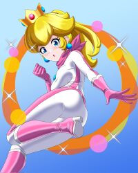 1girl :o belt biker_clothes biker_peach bikesuit blonde_hair blue_background blue_brooch blue_eyes bodysuit boots breasts brooch crown earrings gloves high_ponytail highres irohazakayouth jewelry jumpsuit long_hair looking_at_viewer mario_(series) mario_kart mario_kart_world medium_breasts nintendo official_alternate_costume pink_belt pink_boots pink_gloves pink_scarf ponytail princess_peach scarf solo sparkle sphere_earrings white_jumpsuit