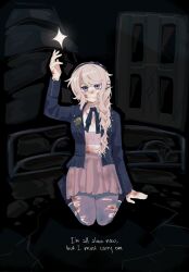 1girl black_background black_hairband black_headband blood blood_on_arm blood_on_face blood_on_leg bloody_weapon braid braided_ponytail closed_mouth english_text female_focus hairband hand_up headband highres kirifuji_nozomi kneeling long_hair looking_at_viewer pantyhose pleated_skirt purple_eyes simple_background skirt solo star_(symbol) the_hundred_line_-last_defense_academy- torn_clothes torn_pantyhose torn_skirt weapon white_background zero_(misamxsa08)