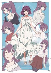 Rule 34 | 1girl, bakemonogatari, blue background, blue eyes, border, braid, braided ponytail, closed eyes, collarbone, cropped torso, dress, eyelashes, full body, hair ornament, hair over shoulder, hair scrunchie, happy birthday, highres, jacket, jewelry, koimonogatari, long hair, looking at viewer, medium hair, monogatari (series), multiple views, necklace, nekomonogatari white, open mouth, owarimonogatari, ponytail, sandals, scrunchie, senjougahara hitagi, sketch, smile, sundress, toenails, toes, upper body, valhalla0707, white border, white dress, white jacket