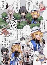 3girls :/ bare_shoulders black_bow black_choker black_gloves black_hair black_horns blonde_hair blush bow breasts chest_harness chibi chibi_inset choker closed_eyes closed_mouth collared_shirt commentary_request curled_horns disguise elbow_pads female_rover_(wuthering_waves) gloves hair_ornament harness hat highres hive328 horns large_breasts multiple_girls necktie open_mouth own_hands_clasped own_hands_together phoebe_(wuthering_waves) pointing pointing_at_self praying purple_eyes red_necktie rover_(wuthering_waves) shirt skirt striped_bow tacet_discord_(wuthering_waves) translation_request white_hair white_hat white_shirt white_skirt wuthering_waves x_hair_ornament yellow_eyes zani_(wuthering_waves)