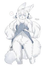 00syno 1girl :3 animal_ear_fluff animal_ears blue_eyes body_fur buttons clothes_lift cropped_legs fluffy fox_ears fox_girl fox_tail furry furry_female heart highres long_hair looking_at_viewer navel original pawpads simple_background skirt skirt_lift solo spoken_heart standing tail white_background white_fur white_hair