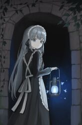 1girl absurdres apron back_bow black_dress blue_eyes bow bug butterfly closed_mouth commentary cowboy_shot dress expressionless frilled_apron frills from_behind grey_hair highres holding holding_lantern insect kkamkkam lantern long_hair long_sleeves looking_at_viewer looking_back maid maid_apron maid_headdress night original outdoors plant ringed_eyes solo standing symbol-only_commentary tunnel very_long_hair white_apron